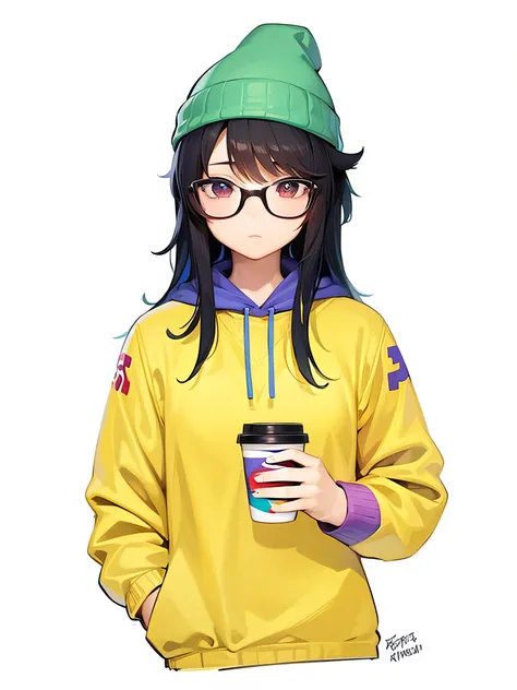 a woman in a yellow hoodie holding a cup of coffee, como um personagem de anime, anime moe artstyle, Tina Belcher como uma pessoa real, visual anime de uma menina bonito, em estilo anime, Nagatoro, personagem de anime, Tina Belcher, hinata hyuga, anime mel...