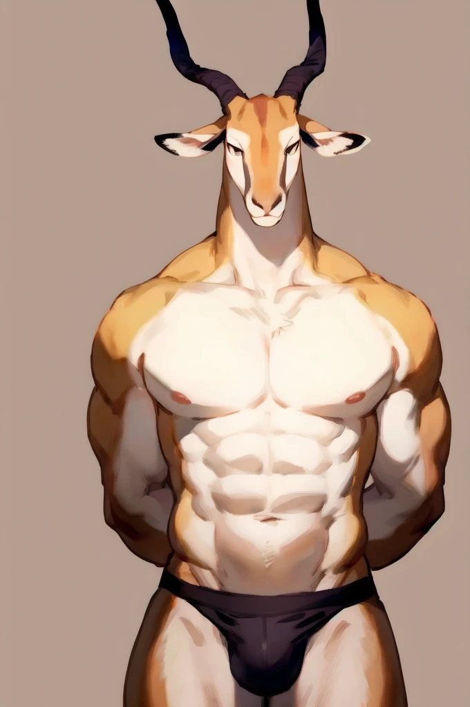 Solo, Furry, Anthro, Gazelle, Male, E621, Standing, Muscular, Hands behind back, Wearing underwear, Plain background, Front view, Light skin, By bebebebebe