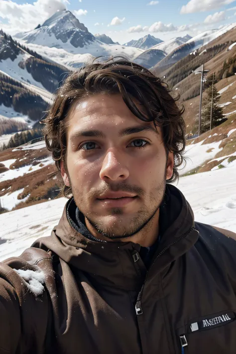 photo realistic, natural light, handsome italian man, will sharpe, 28 years old, lean and well defined body, stubble beard, wears ski clothes, stubble, brown curly hair, brown eyes, messy hair, taking a selfie in in the snow mountains, seen from the front