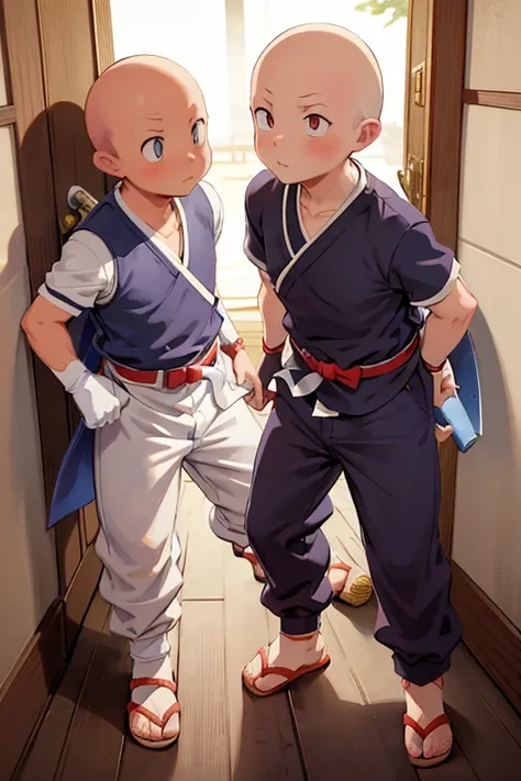 2boy, ninja hattori boy, serious, detail, ninja, sneak in corridor of Japan castle, white costume, White clothes, White mask, gloves, socks, sandals, red belt, dim light, epic, Bald head, shave head, hairless, like monk, ikkyusan, long pants, less skin rev...