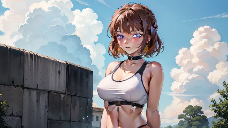 haibara,brown hair, blue eyes,bob cut,
jewelry, white yoga crop top, white yoga tight shorts, hands on chest,see-through, looking at viewer,  hair ornament, choker, shy,
(masterpiece, top quality, best quality, official art, beautiful and aesthetic:1.2), (...