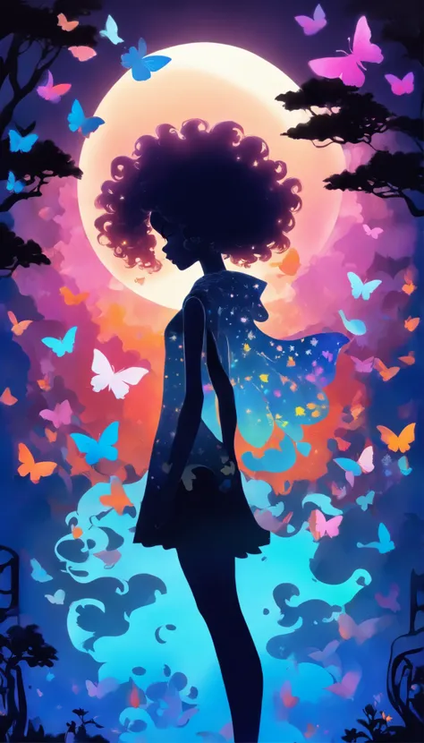 ( 2D Layered paper cutout art, Silhouette Art)silvery moon, 1 solo girl with curly Afro hair silhouette, full body, urban casual fashion clothing, backlighting, soft glowing highlight, intricate masterpiece, digital art, whimsical storybook character, soft...