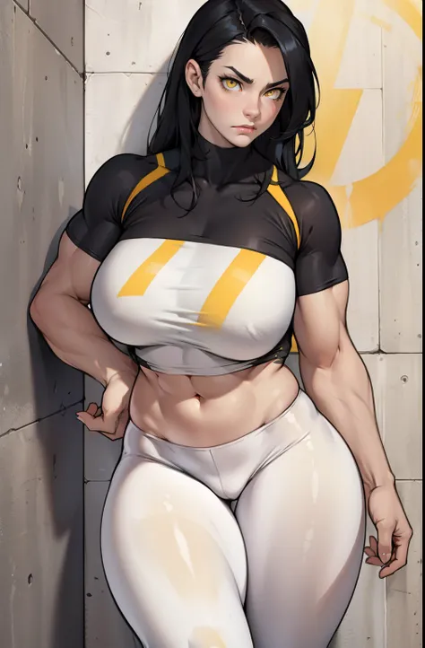 1girl muscular pale skin black hair yellow eyes breasts huge thighs black against wall frown tight shirt leggings