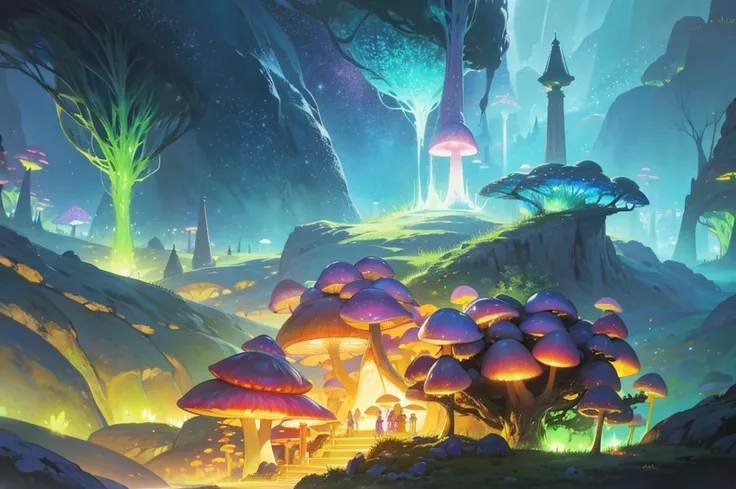 tmasterpiece:1.2, Best quality at best, ultra - detailed, fantasy glowing mushrooms, surreal scenery, Vibrant colors, Fantasyart, Ethereal atmosphere, gentlesoftlighting, mysterious vegetation, Complicated details, magical scenery, enchanting glow, Surreal...