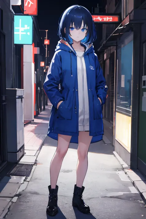 masutepiece, Best Quality, 1 girl, nightcity,street,neons, blue cook coat, Detailed face, Detailed eyes, Beauty eyes, Looking at Viewer, Hands in pockets,Broaden the background,A dark-haired,bobhair,standing up to the knees