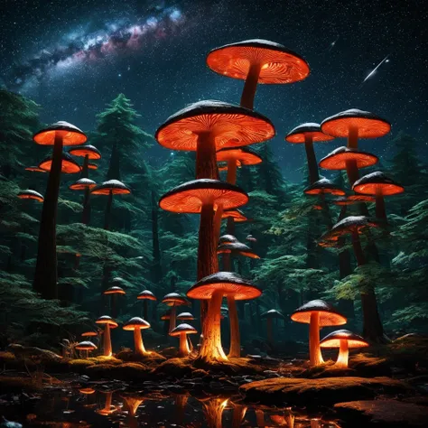 (There&#39;s a big dark stump glowing scarlet from the inside:1,4) , the stump glows with a ghostly scarlet light from within, (Many thin glowing light green neon mushrooms with large caps on thin curved legs grow on the stump.:1,5), neon mushrooms on a gl...