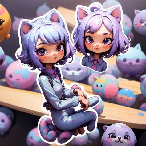 1girl, fundo simples,..3d,Mini, corpo inteiro,cabelo roxo,pano roxo,com um gato