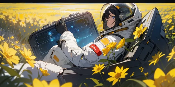 (masterpiece, best quality),cinematic composition, letterboxed, depth of field, solo focus, astronaut sitting in a field of yellow flowers with resting on the ground, gloves, yellow flower, black gloves, spacesuit, science fiction, sunlight, black hair, bl...