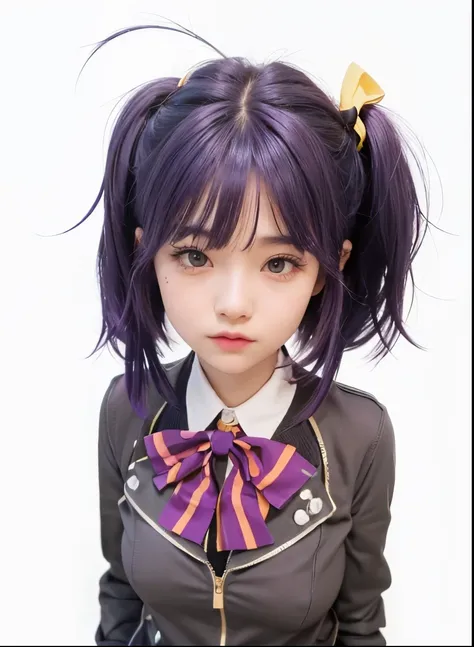 A girl with realistic short purple hair, (same realistic hairstyle), realistic yellow hair tie, realistic pretty+cute face, realistic cool expression, adaptasikan Realistic clothing, realistic light, realistic shadows, realistic background, good image qual...