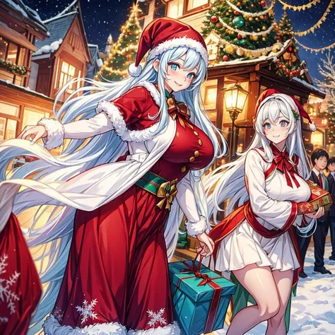 Her eyes sparkled with joy，The corners of the mouth are raised，Full of strong festive atmosphere。She is wearing a beautiful Christmas themed outfit，Red Santa hat、White snowflake pattern dress，A blue ribbon is tied around the waist，Reindeer symbolizing Sant...