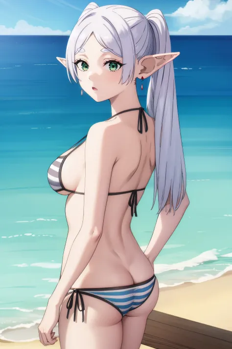 1girl, bikini, side-tie panties, striped bikini, tan, long hair,, masterpiece, best quality, highly detailed,masterpiece, best quality,show breasts, show ass, beach on the background, highly detailed, 1girl,solo,elf,white hair,grey hair,earrings,pointy ear...