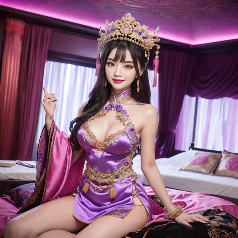 ((top-quality、masutepiece、8K、Top image quality、Highly complex and detailed depictions))、(The most gorgeous Chinese courtesan goddess:1.1)、((The most gorgeous prostitute goddess huge costume、The most vivid and luxurious Chinese costumes、big long chinese god...