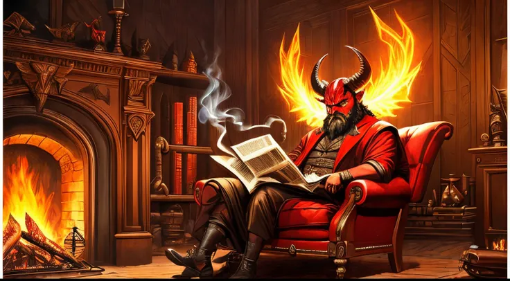 A large devil with ram horns and bat wings, he has dark red skin. he is sitting in an arm chair by a roaring fire. He is smoking a pipe and reading a newspaper. High Details. Fantasy art.