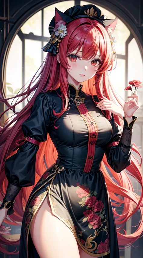 Anime style girl with long red hair and flowers in her hair, cute anime waifu in a nice dress, beautiful anime girl, niedliche, detaillierte digitale Kunst, beautiful anime portrait, Guweiz auf Pixiv ArtStation, Kunstwerk im Stil von Guweiz, Guweiz auf Art...