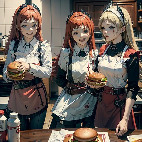 A red hair woman, eating a hamburger, in her nice and clean kitchen with her blonde hair friend, both are laughing and having fun. 4k, unreal engine, cinematic, high quality image.