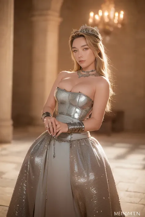 Florence Pugh, Prinzessin Irulan, Dune, gorgeous woman, wears a silver mask with chains, nackt, naughty breasts, sexy, Kettenhemd tragen, denuded, wears chain armor, but the armor covers her face, The armor focuses on the face, Louis Vuitton armor clothing...