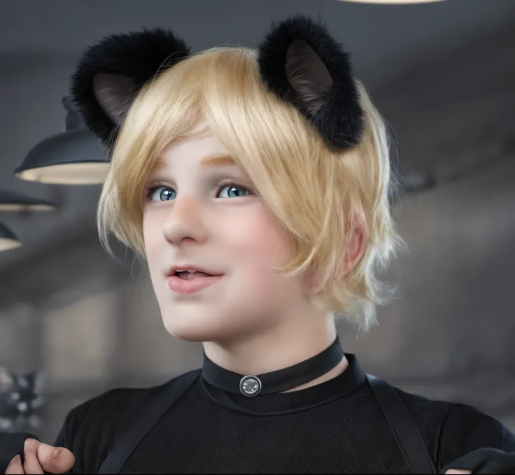 blond haired man with black cat ears and a black shirt, fake cat ears, boy with cat ears  glossy blonde beautiful hair, 4k, blurry background, high resolution, rim light, dark background