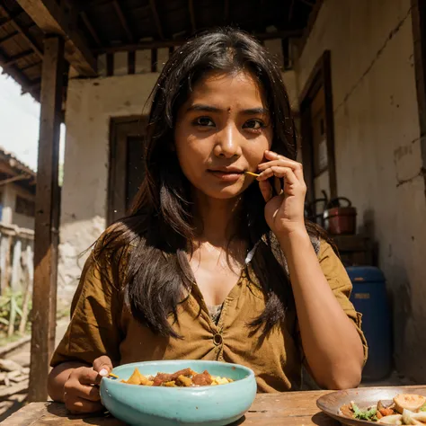 Nepali village girl eating momo