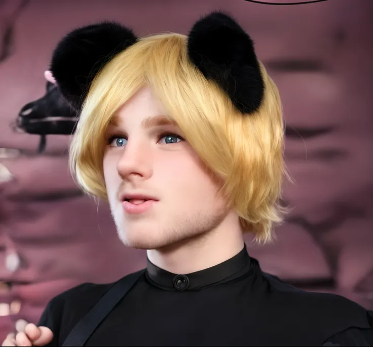 blond haired man with black cat ears and a black shirt, fake cat ears, boy with cat ears  glossy blonde beautiful hair, 4k, blurry background, high resolution, rim light, dark  background