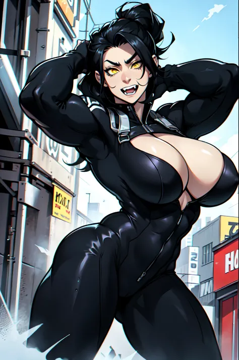 1 fille, brawny, pale skinned,  cheveux noirs ,yellow eyes, black hair, Huge-breasts, musculaire, cheveux longs noir, corps pilote, épais sur mesure, Froncement de sourcils, black suit, fangs