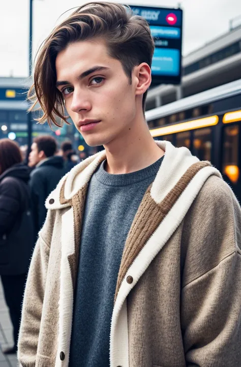 top-quality, hyperphotorealistic, photorealisim, 8K, a picture, Photo of a young man, jaket,  Sweaters, short windswept light brown hair, A fitted, Beautiful fece, (shaved hair), eye liner, Stand at the station, background is a crowded street, cloudiness, ...