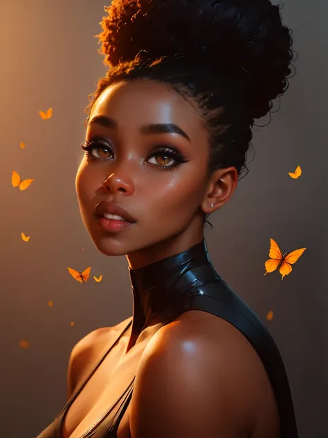 dark-skin gorgeous black woman with cinnamon skin with butterflies , bright colors, vivid, intricate,ultra hd picture quality ma...