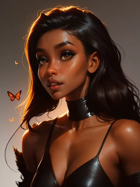 dark-skin gorgeous black woman with cinnamon skin with butterflies , bright colors, vivid, intricate,ultra hd picture quality ma...