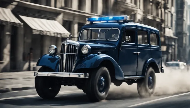 dark grayish-blue police 4x4 SUV in motion, symmetrical new car, retro, photorealistic, slow motion, motion blur, front right view, 1940s, urban, ultra realistic, cinematic style, worm colors, 8K, HD