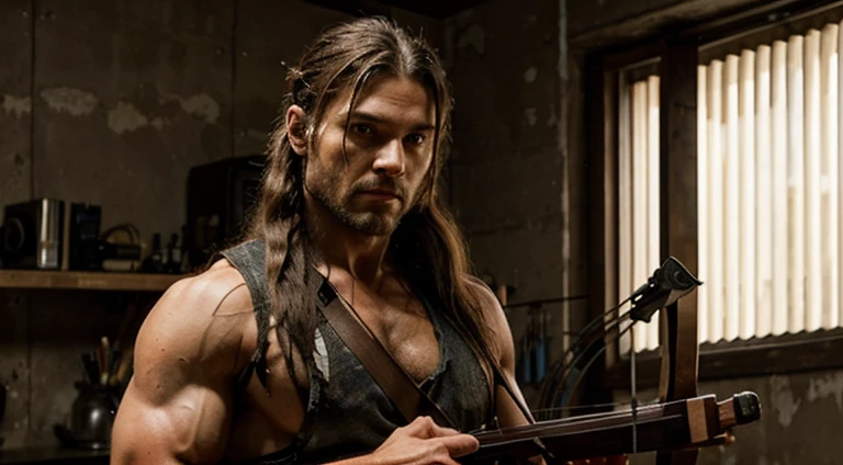 An attractive serial killer with a good muscular body and the style of a killer with long hair tied behind his head and a crossbow in his hand.