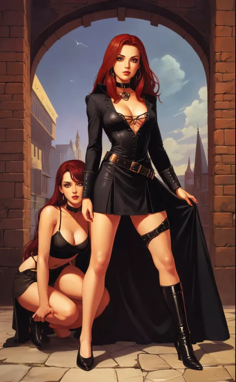 2girls, witches, miniskirt, red hair, black hair, full body shot, lesbian, romance, clyde caldwell