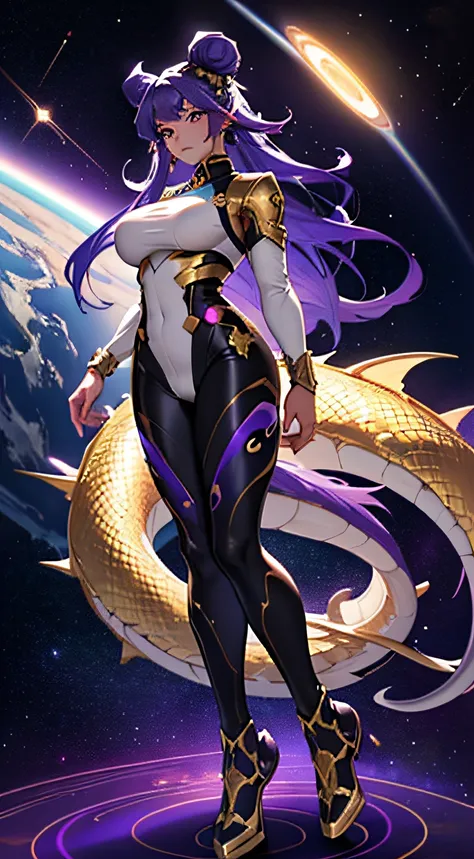 Hair Buns, Long hair, Blue and Purple, Gold accents, Holographic, Gold Dragon, Big breasts, Female, Aesthetics, Anime woman, Space Woman, Planets for Buns, Dragon Girl, Blue Hair, Purple Hair, Gradient Blue and Purple Hair, Stars in hair, Galactic, Full bo...