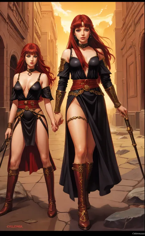 2girls, priestesses, miniskirt, red hair, black hair, full body shot, lesbian, romance, clyde caldwell