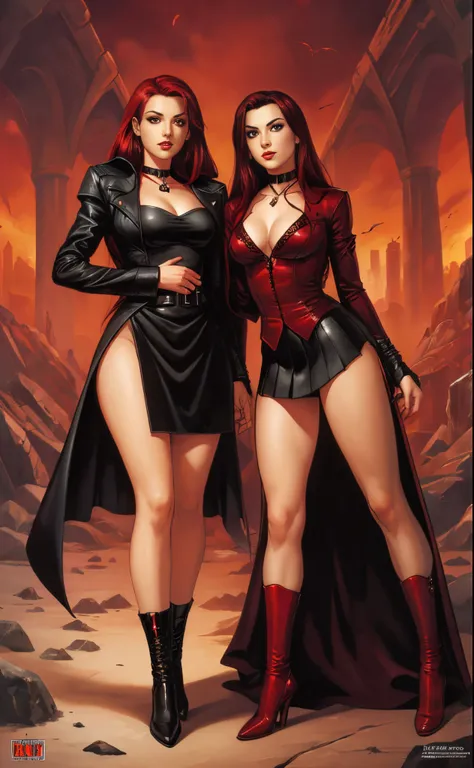 2girls, female vampires, miniskirt, red hair, black hair, full body shot, lesbian, romance, clyde caldwell