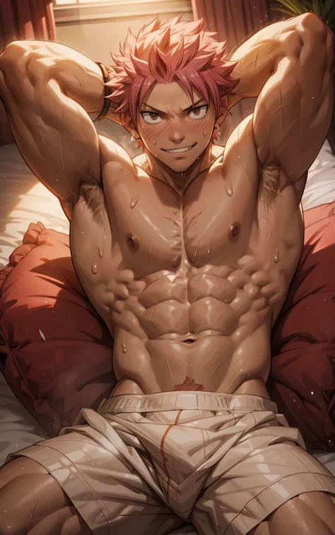 Buff man sweating laying in bed with legs behind head, Natsu Dragneel smiling, spotlight