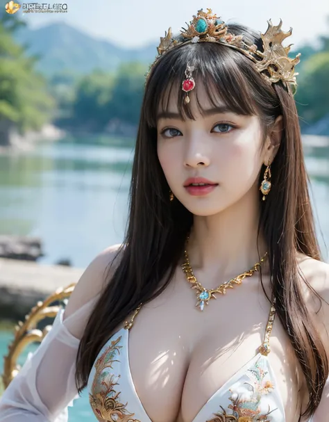 (heavy breasts)、（Mystical expression）,top-quality、​masterpiece、超A high resolution、（Gold Dragon Armor）、(((Colossal tits))),dragon armor、(((large floral ornament on the head))),(((Detailed Micro Bikini))),(Wearing a beautiful crown made of jewels),(Photoreal...