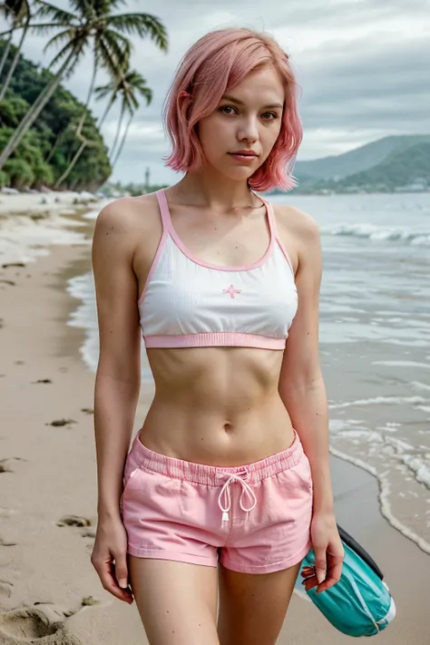 A woman with shoulder-length pink hair and a beach outfit stands on the sand. Shes sporting a white knit tank top over a light pink sports bra and coordinating pink shorts with a dark drawstring. Behind her, the beach is quiet with small waves lapping at t...