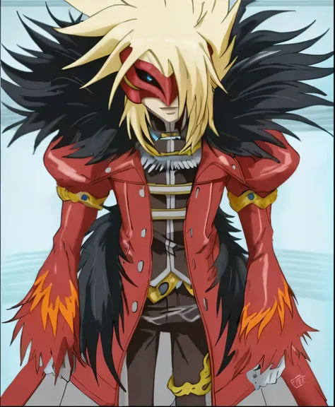 Spectra is a tall man with a long blond hair that is often spiked up. His Vexos outfit mainly comprises his iconic red mask and red leather coat decorated with black feathers. Underneath, he wears tan pants and Gakuran-like outfit fastened by gold Ouroboro...