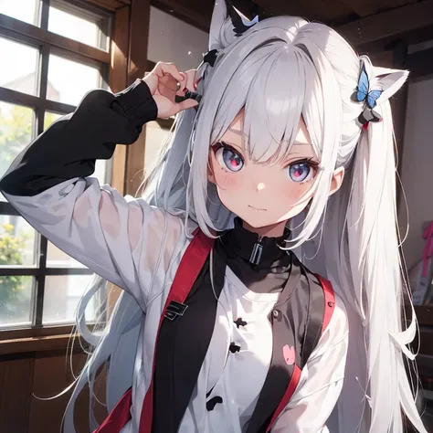 A teenage neko girl, who adheres to kawaii fashion, with long straight white hair with a small butterfly clip on her bangs, her eyes are a bright shade of red