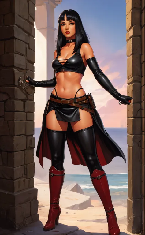 1girl, female assassin, miniskirt, black hair, full body shot, clyde caldwell, red lips,