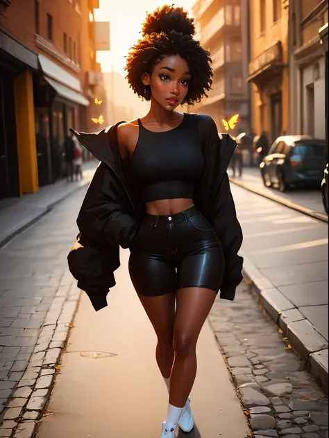 Dark-skin Gorgeous black woman with cinnamon skin with butterflies , bright colors, vivid, intricate,Ultra HD picture quality masterpiece, full body, alluring, urban casual clothing, wlop, Stanley Artgerm, character design, watercolor art, "(best quality,u...