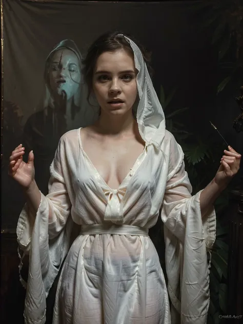 ghostlystyle, (ghost, spirits), Emma Watson, medium shot, (palms pressed against canvas), ghostly body, ghostly clothes, (detailed clothes), ghost in background, spirit energy, trapped in a haunted oil painting, hyperrealism, ghostly, trapped, (screaming),...