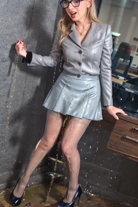 (wet clothes:1.4),  tall attractive 30 year old European woman, standing in an office, (((light gray business suit))), (short pencil skirt) ((black high heels)), (pantyhose), bright lighting, ((show heels)),  shoulder length blonde hair, blue eyes, gold wi...