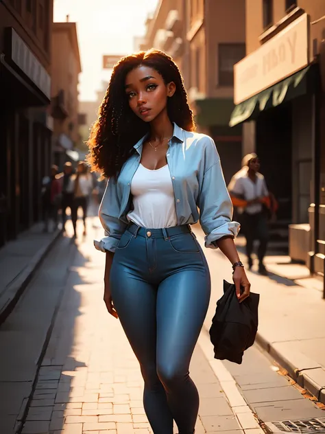 Dark-skin Gorgeous black woman with cinnamon skin in a city, bright colors, vivid, intricate,Ultra HD picture quality masterpiece, full body, alluring, urban hip hop casual shirt and blue jeans, wlop, Stanley Artgerm, character design, watercolor art, "(be...