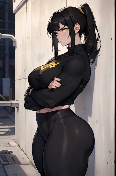 1girl muscular pale skin black hair yellow eyes black against wall frown tight shirt leggings thick thick thick thick muscular