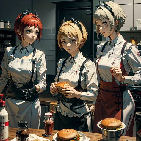 A red hair woman, eating a hamburger, in her nice and clean kitchen with her blonde short hair friend, both are having fun together doing a food war. 4k, unreal engine, cinematic, high quality image.