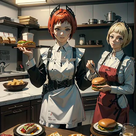 A red hair woman, eating a hamburger, in her nice and clean kitchen with her blonde short hair friend, both are having fun together doing a food war. 4k, unreal engine, cinematic, high quality image.