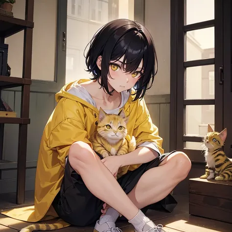 Boy with dark straight hair and yellow eyes with a yellow kitten near a square