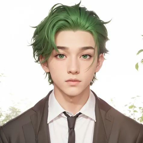 A Teenage boy with realistic green hair, (same realistic hair style), realistic handsome face, realistic cool expression, adapt the same realistic clothes,realistic light, realistic shadows, realistic background, good image quality, very good image results...