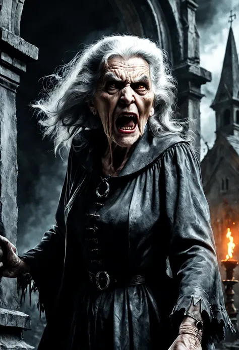 Close-up, old gray haired 90 year old scary witch, old church standing in front of a dark fresco, anger, scream, horror, creepy landscape, gothic cyberpunk style, darkness, shadows, insanely complex and detailed, 8k, best quality, masterpiece, 4k uhd, cgi,...