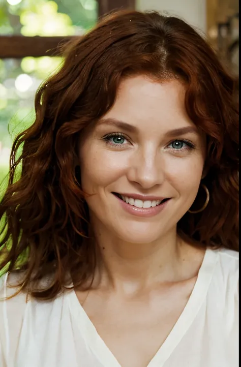 natural photo, woman about 40 years old, red curly hair, green eyes, smile